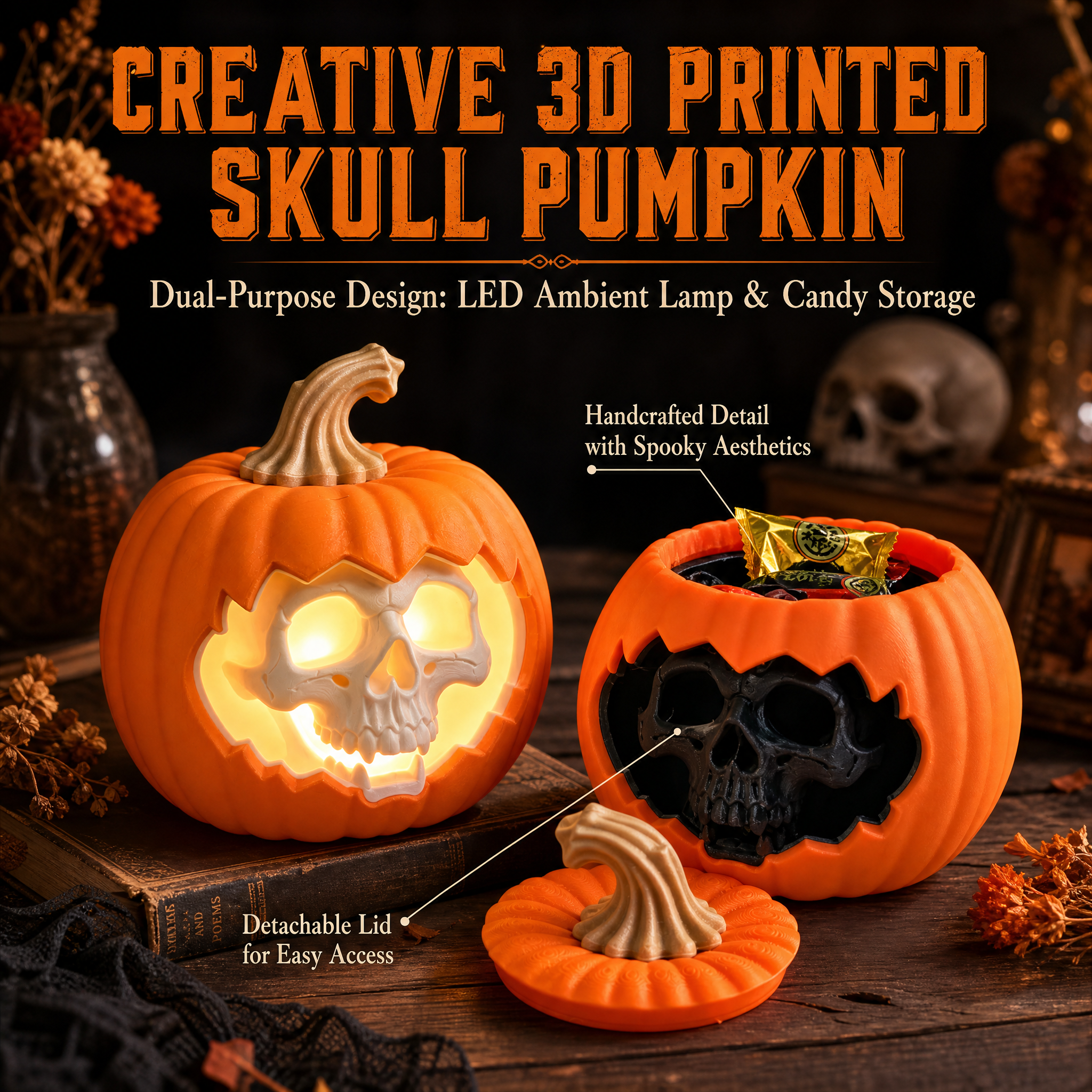 Halloween Skull Pumpkin Ornament, Multicolor LED Light 3D Printed Holiday Decoration