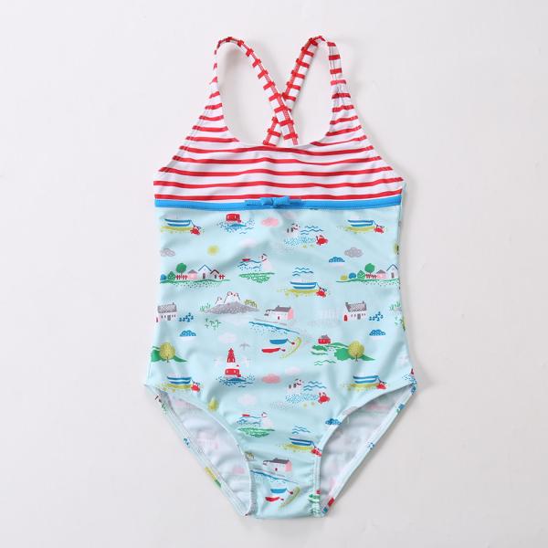 Girl's strip print Criss Cross Seam  Top for one piece swimwear