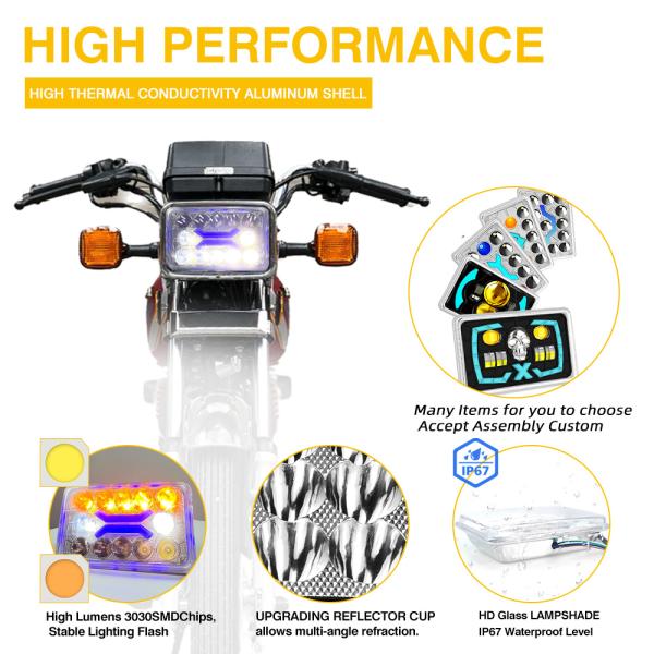 DC12V Cg125 125cc Double couleur Blanc Amber Glass Lampshade phares LED 4x6 pouces