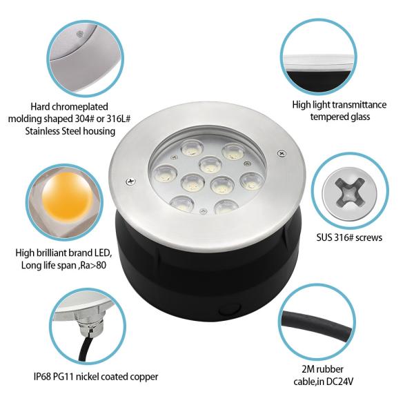 LED Underwater Light 9W 18W RGB Full Color Stainless Steel DC12V 24V For Swimming Pool