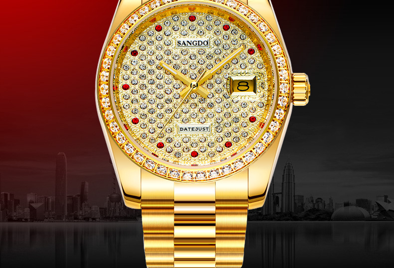Full Diamond Dial Men Quartz Watch Stainless Steel Band Bling Crystal Bezel Luxury Business Wrist Watch Gift For Men Wedding Anniversary