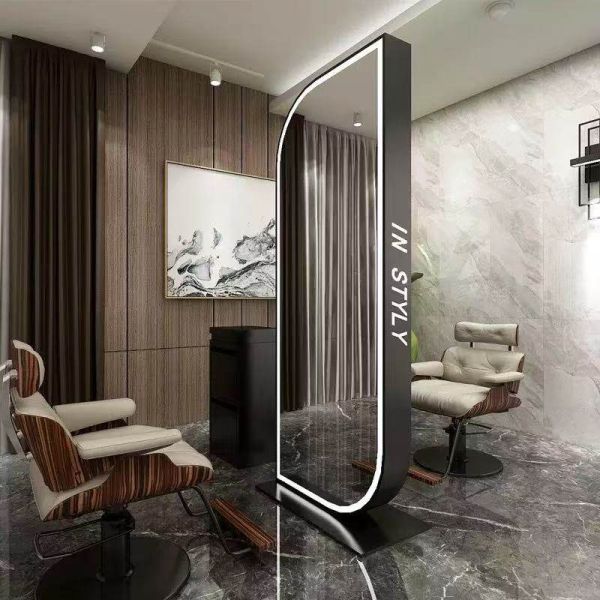 Kingstin LED Floor Standing Blade-shaped Mirror with Light Gold Black Arched Styling Unit for Hairdresser