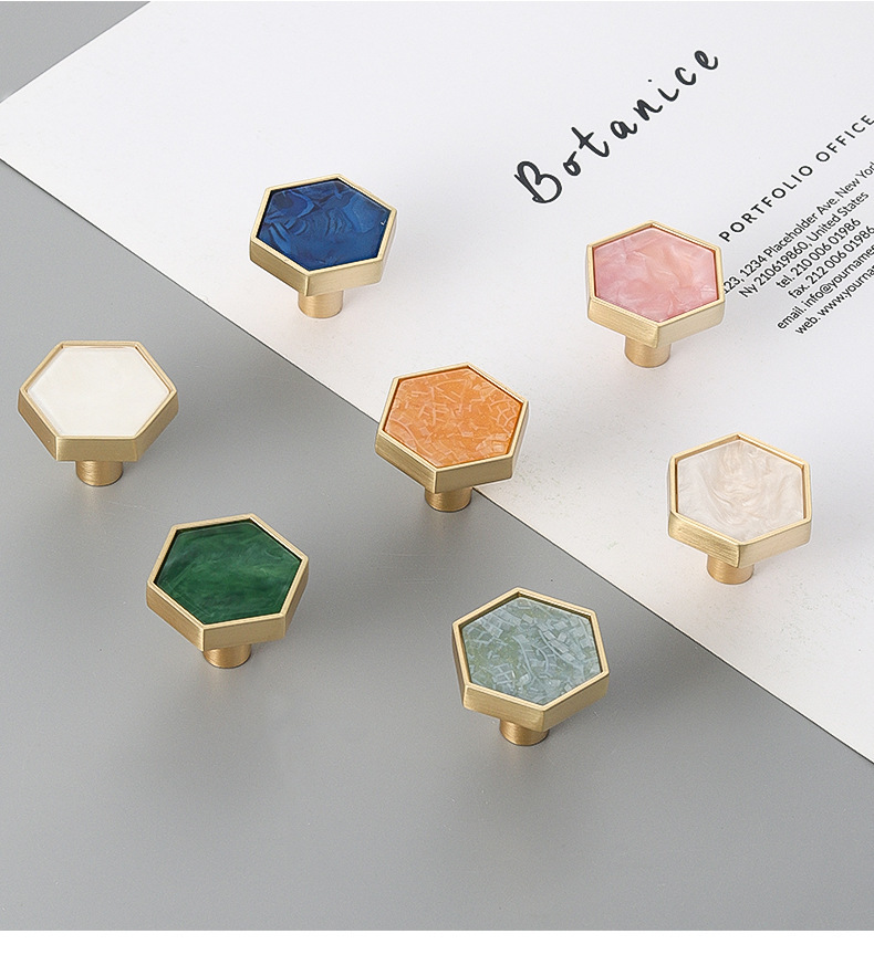 Zinc Alloy Marble Pattern Shell Stone Handle Hexagonal Cabinet Knob Hook Hole for Kitchen Bathroom Hotel Furniture