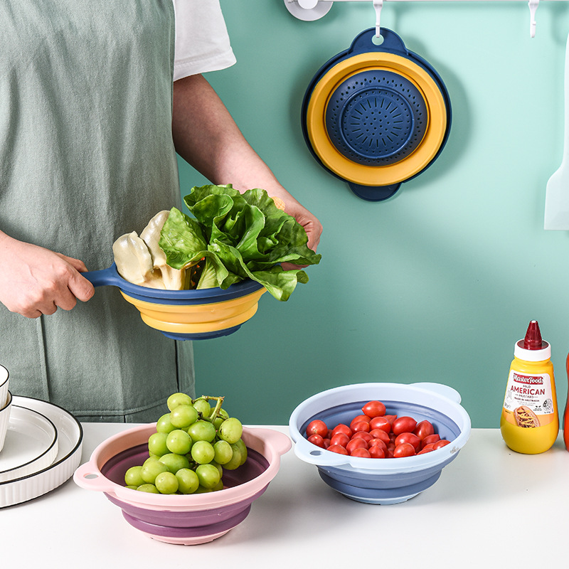 Multi-Function Round Retractable Fruit Tray Folding Kitchen Washing Basket with Handle Home Use Plastic Fruit Basket