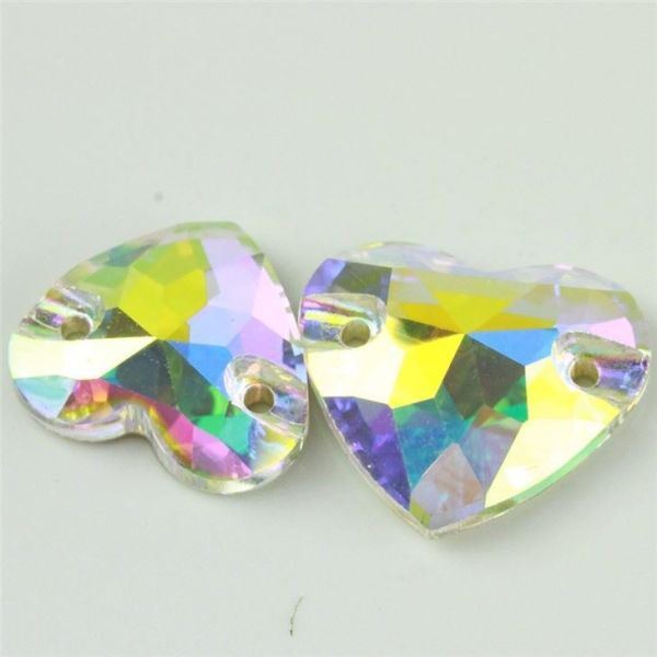 Pierres de cristal à dos plat en forme de cœur, à coudre à la main, à percer, à double trou