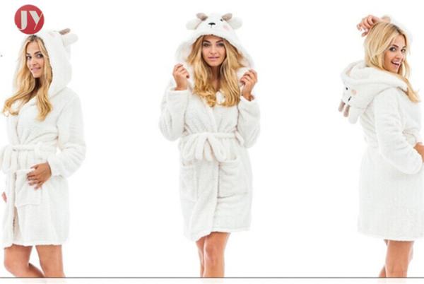 Women'S Plush Fleece Robe , Long Hair Shaggy Warm Bathrobe With Sheep Embroidered Hooded