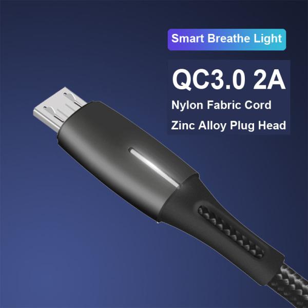 18W Nylon Braided Fast Charger Cable Breathe Light USB Data Transfer