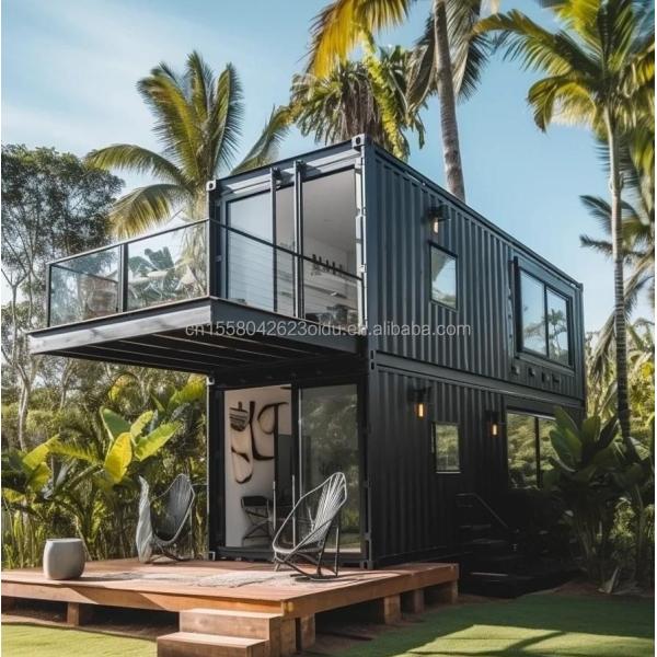 Casa de contenedores prefabricada residencial de 20 pies con pared de vidrio Villa de oficina y montaje de paquete plano de dos pisos