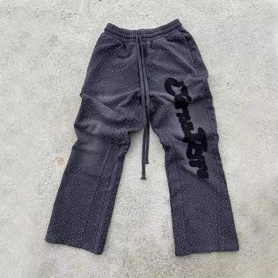 Custom Sweat Pant Rhinestone Flare Baggy Joggers Embroidery logo Distressed Sun Faded Acid Wash Track Pants Sweatpants for Men