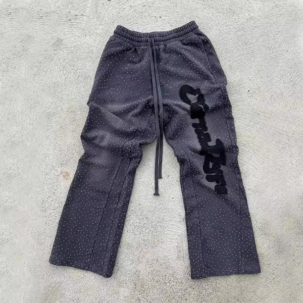 Pantalon de survêtement personnalisé avec strass, évasé, ample, jogging, logo brodé, effet vieilli, délavé au soleil, pantalon de survêtement pour hommes