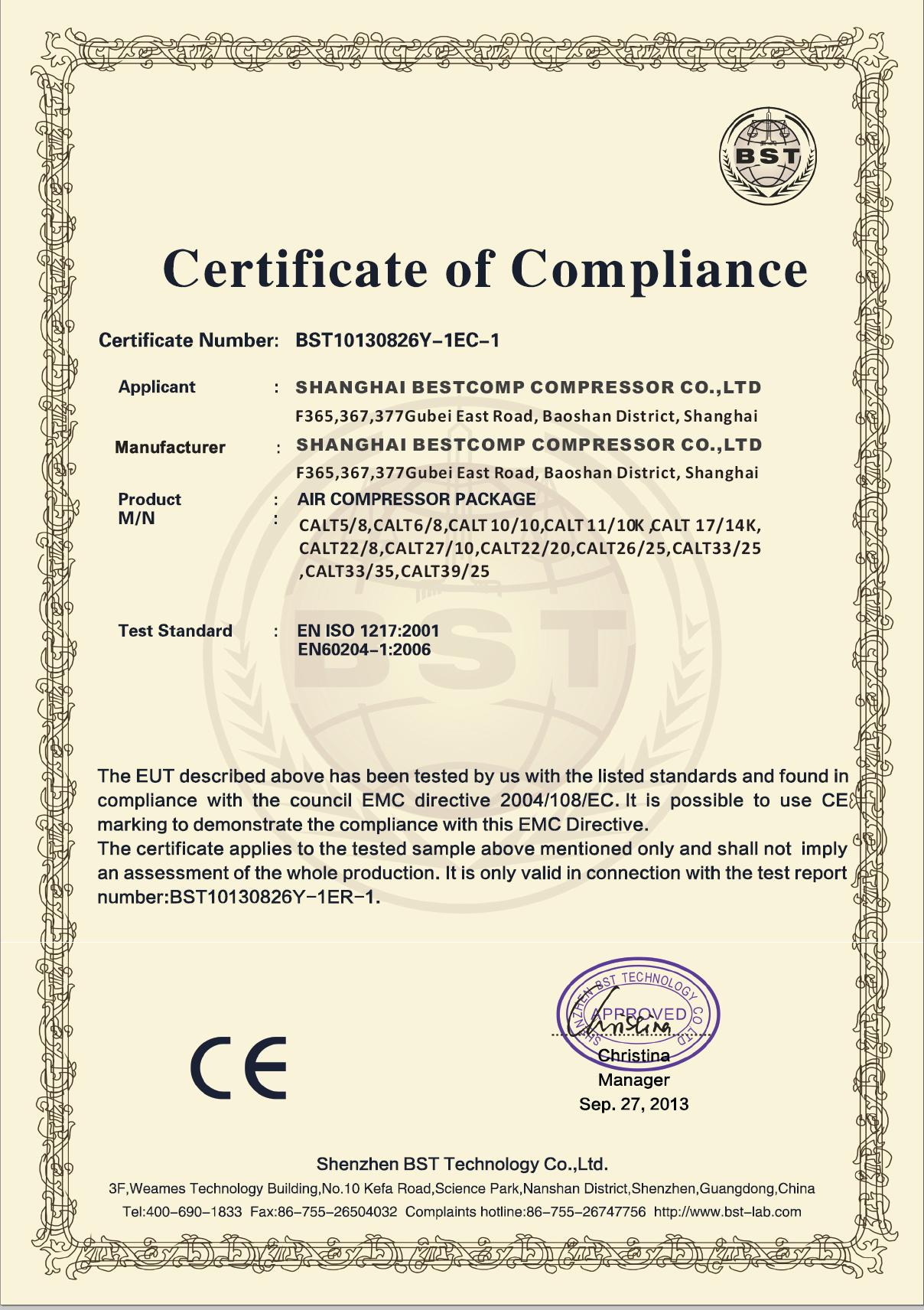 Shanghai Bestcomp Compressor Co., Ltd Certifications