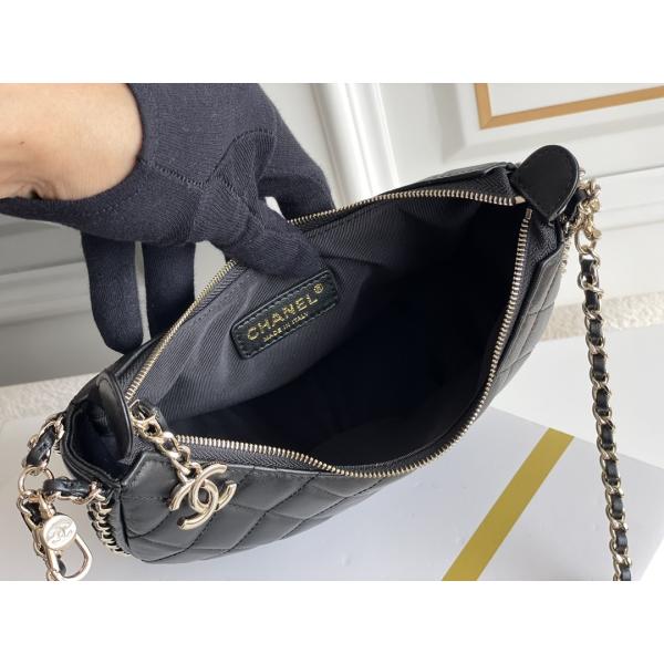 Black Chain Mini Sling Bag Branded Chanel Hobo Handbag Calfskin Leather