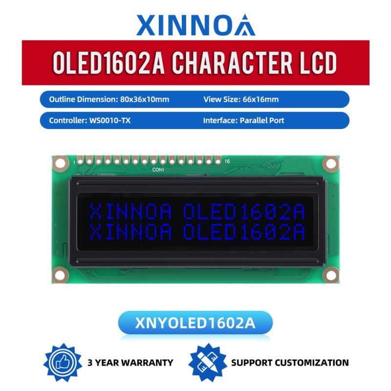 OLED1602A Black Film, 16×2 Character OLED LCD Display Module, WS0010-TX, Parallel Interface, 66x16mm View Size, Working Temperature -40+80 Display