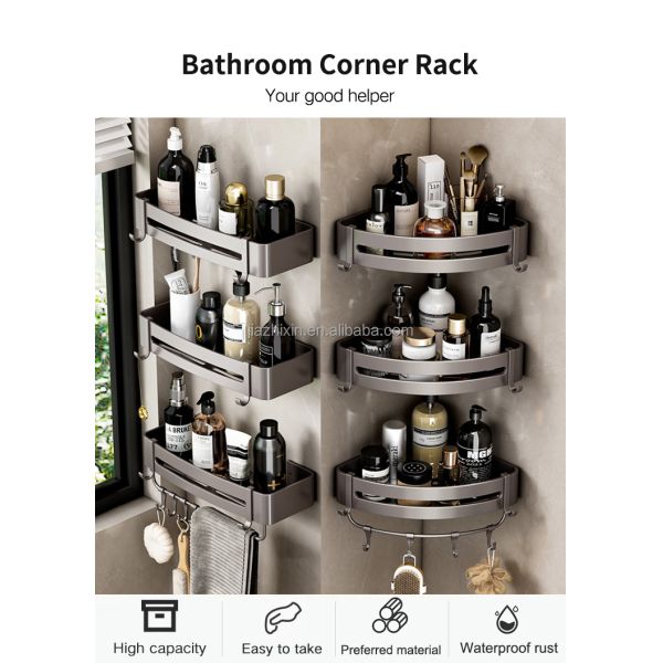 Aluminum Hook Towel Bars with Corner Triangle Wall Mounted Storage Shelf for Living Room or Bathroom Basket Organizer Rack