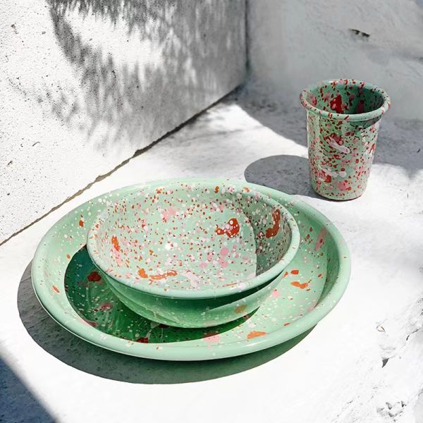 Speckle Enamel Coating Soup Bowl Plate Round Plate Mug Cup Bowl Dish Set