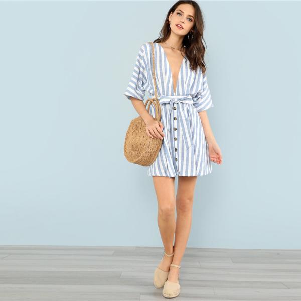 Women Sweet V Neck Tied Open Back Striped Dress With Tassel
