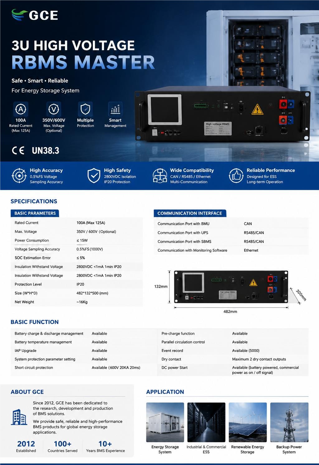 BMS High Voltage 3U RBMS 100A Battery Management System for C&I Energy Storage Peak Shaving Load Shifting BESS