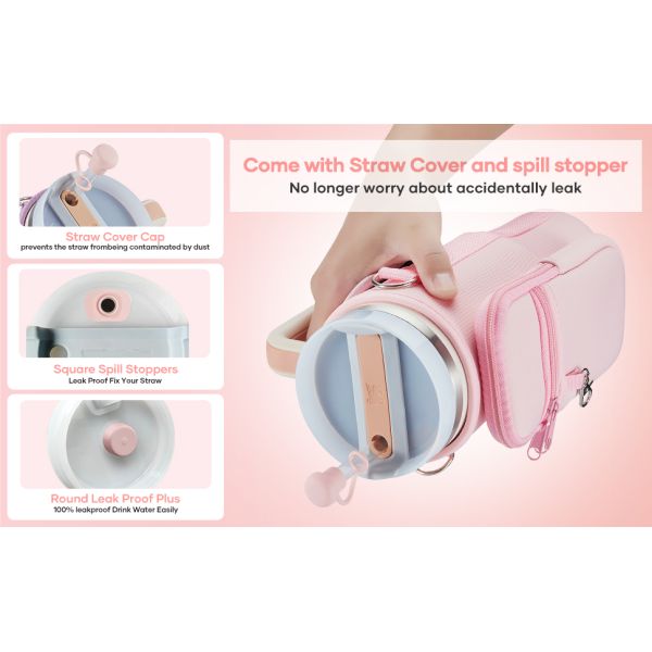 RhineStone Decoration Acessories, Tumbler With Handle,Pink Insulated Neoprene Cup Holder Pouch W/Adjustable Strap For Quencher H2.0 Stanley Cup Accessories