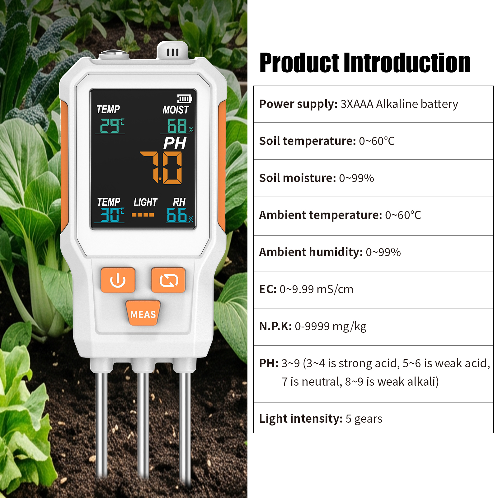 10 in 1 Color Screen Soil Tester, PH,EC,N P K,Temp,Moisture,Light  Humidity