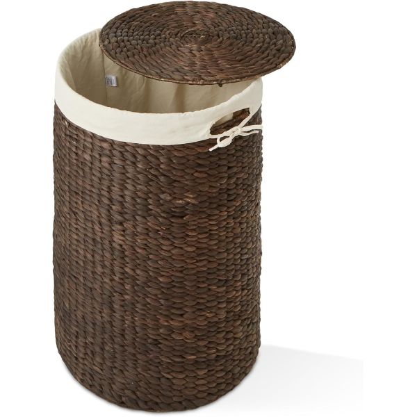 Round Laundry Hamper With Lid And Removable Liner Bag - Natural, Woven Water Hyacinth Wicker Laundry Basket For Clothes And Towels