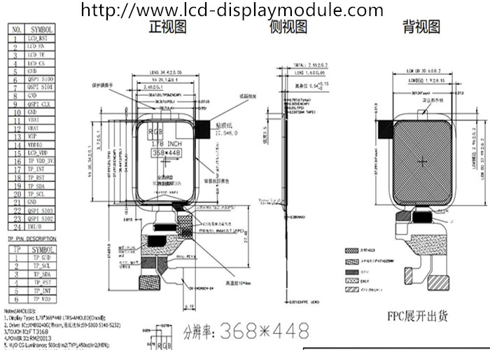 1,78 модуль 368x448 дисплея дюйма 16.7M AMOLED с интерфейсом QAD SPI