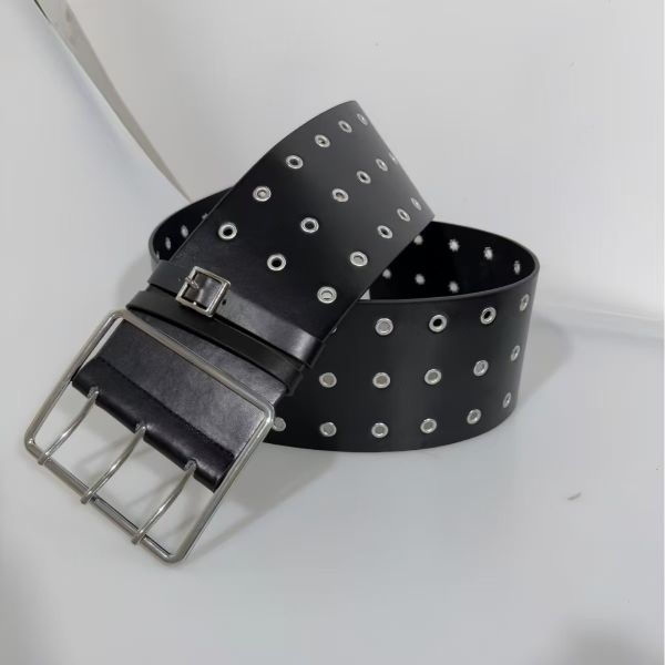 Extra-wide grommet black belt, Y3K millennium baddie-style denim pants belt, versatile
