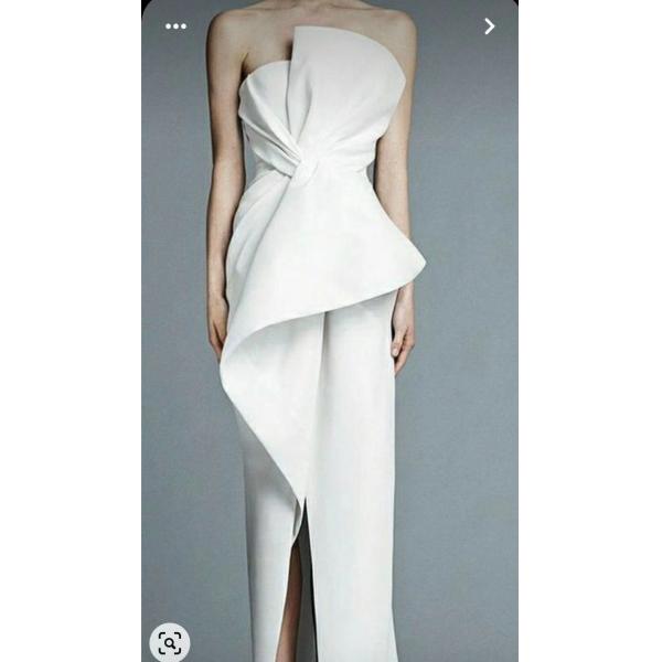 White Romantic Strapless Gown with Boat Neck Design