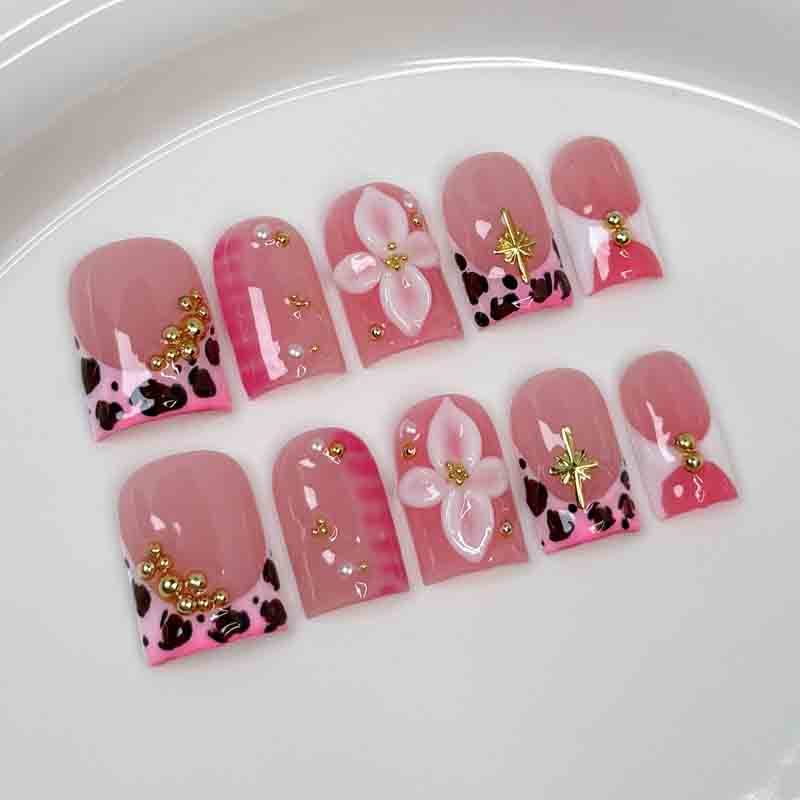 Wholesale Medium Square Handmade Fake Nails Pink Leopard Print 3D Floral Decor