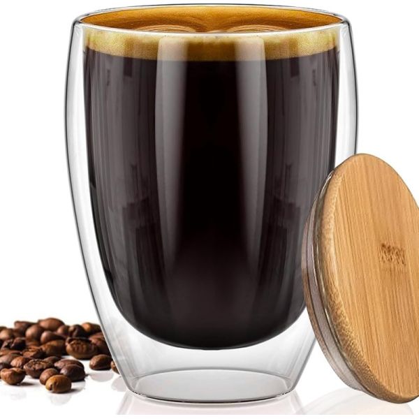 Handmade High Borosilicate Insulated Clear Glass Drinking Mug Double Wall Glass Coffee Tea Cup With Bamboo Lid Handle