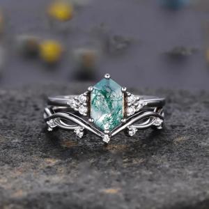 Quartz Ring Real Green Moss Agate de Sterling Silver Hexagon Cut Natural de l'engagement 925