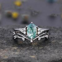 Quartzo Ring Real Green Moss Agate de Sterling Silver Hexagon Cut Natural do acoplamento 925