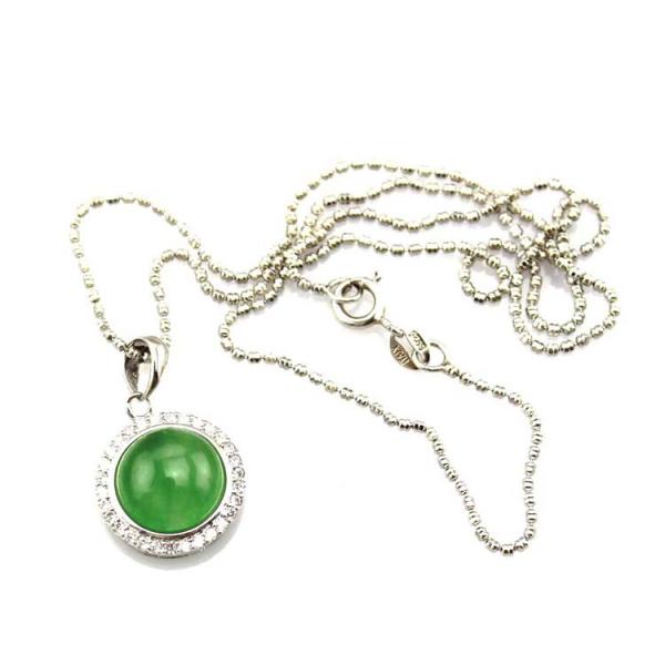 Sterling Silver Bead Chain Necklace Round 11mm Green Jade Cubic Zirconia Pendant  (PSJ025)