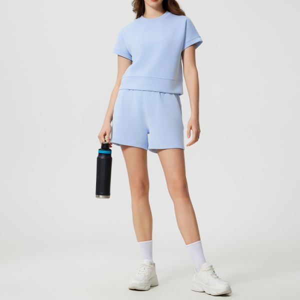 Lilac Yoga Activewear Short Sleeve Fleece Sweatshirt Shorts Set for Casual Wear