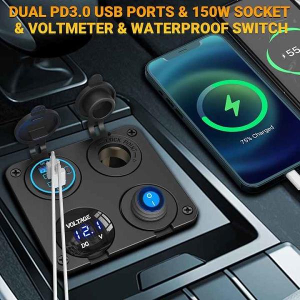Waterproof Dual PD QC3.0 90W Car Phone Charger Voltage Switch