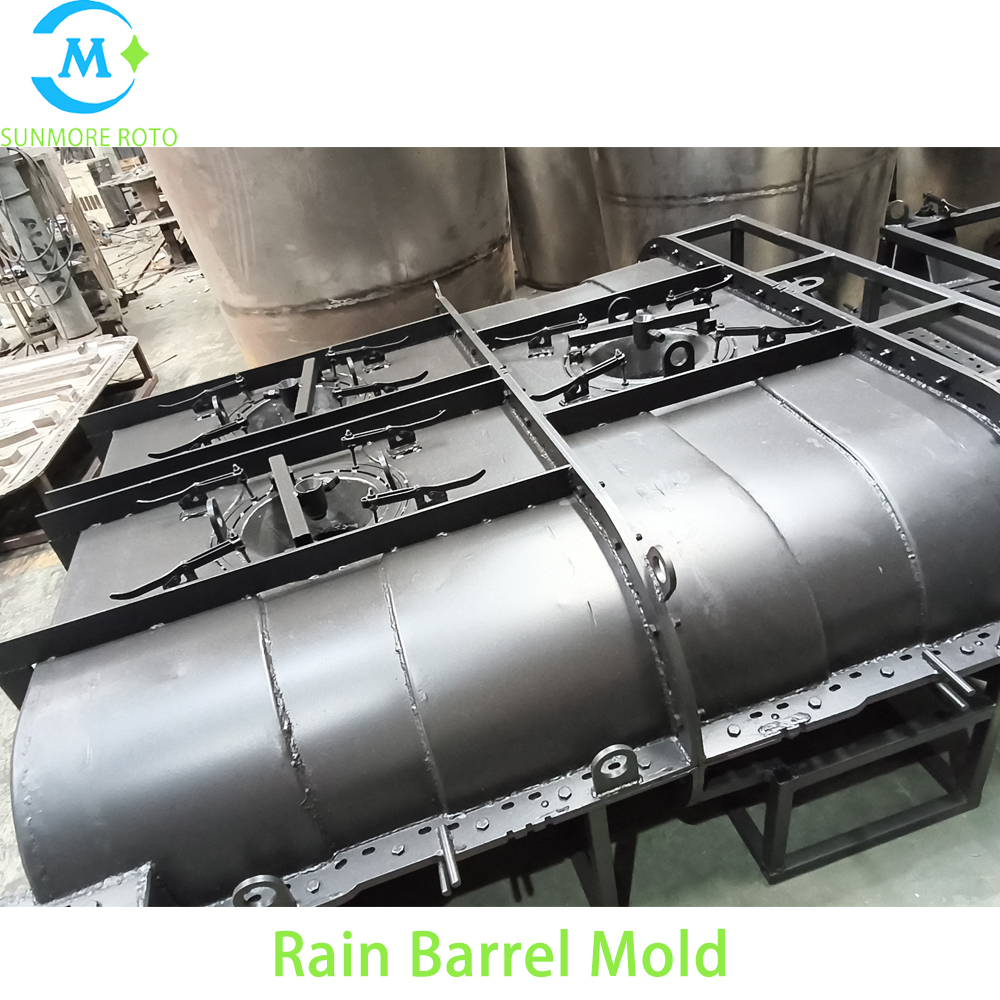 SUNMORE ROTO OEM Drawing Custom Cast Steel Rain Barrel Rotomolding Mould, Hollow Plastic Rainwater Collection Tank Rotational Mold With Integral Lifting Frame & Surrounding Quick Clamps