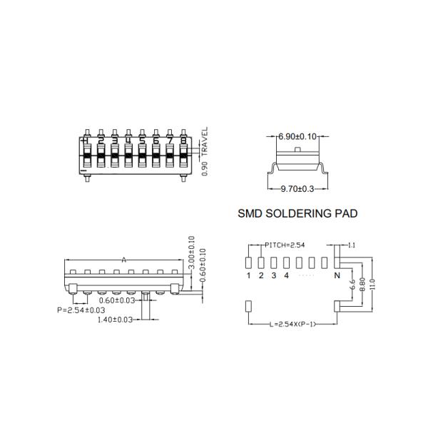 DTS Series Tri State Type SMD Lead DIP Switch With Thermoplatic Cover