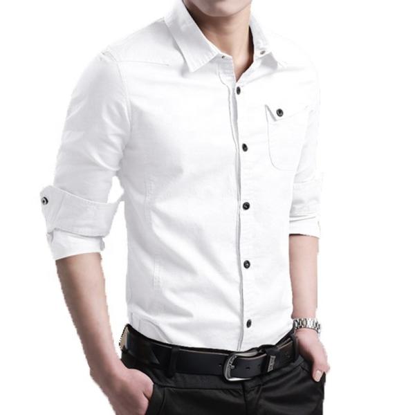 Slim Fit camisas formais masculinas em algodão simples tingido Materialização e construção