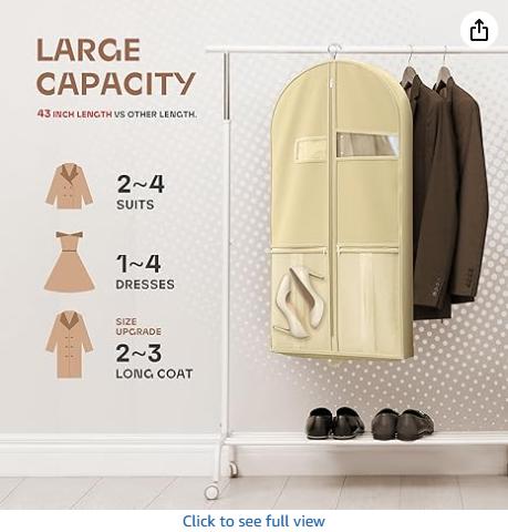 43 Travel Garment Bag with Accessories Zipper Pocket, Heavy Duty Suit Bag for Suits, Tuxedos, Dresses, Coats, Beige, 1 pack