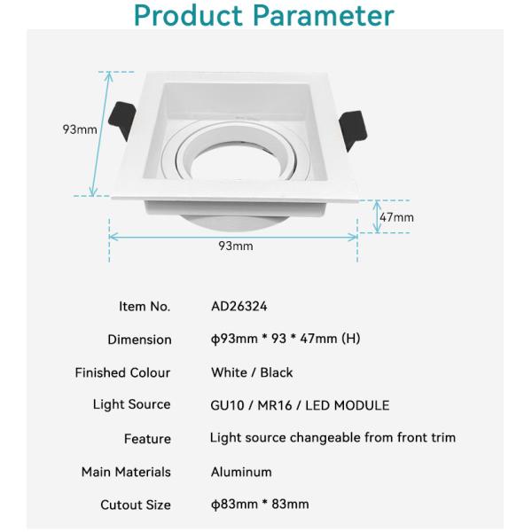 Aluminum Square Recessed Spotlight 90° Rotation 20° Tilt Deep Anti-Glare For Commercial Lighting