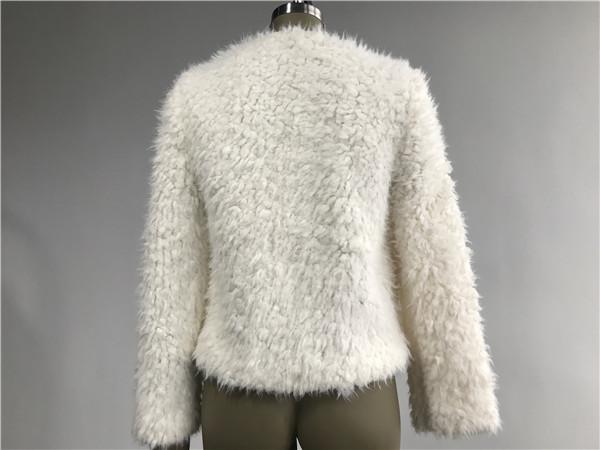 Short Milk Ladies Faux Fur Coats With Collarless and Metal Zip Through