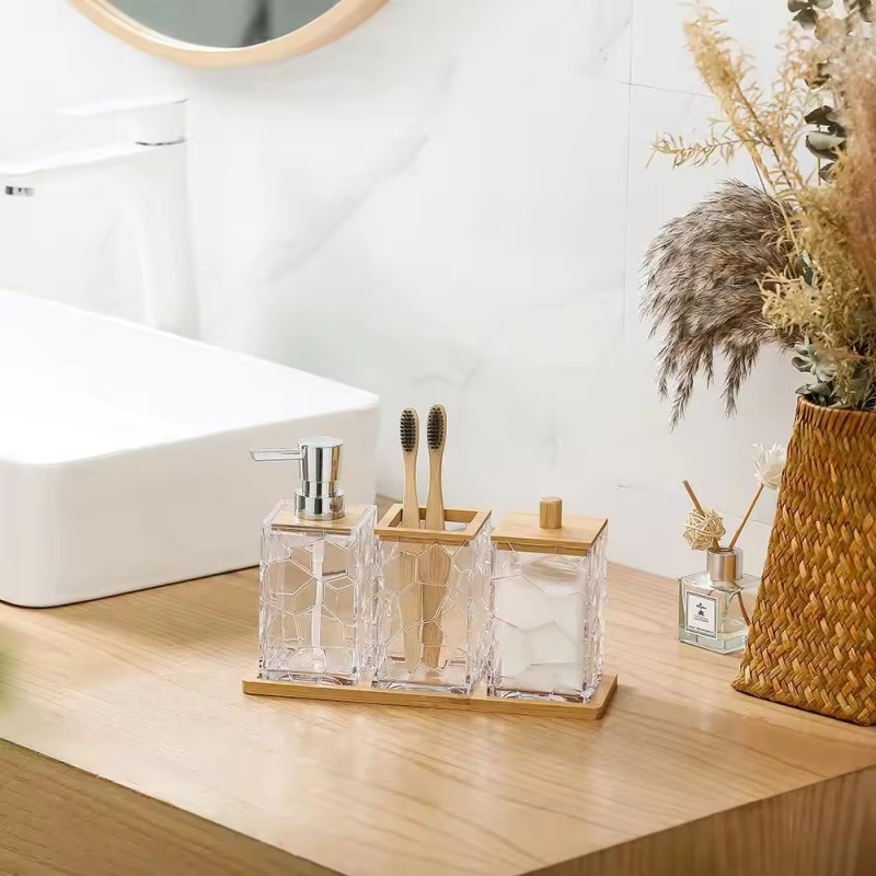 Stylish Transparent Acrylic 4 - Piece Bathroom Toiletry Set for Organizing Soap Toothbrushes Cotton Swabs
