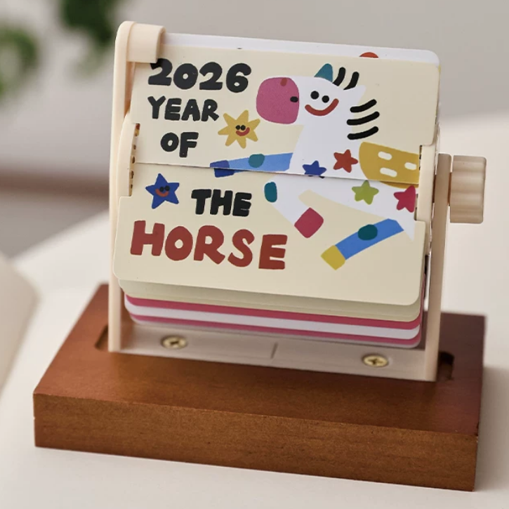 Hand-Crank Mechanical Flip Desk Calendars With Wooden Stand For Office Decor