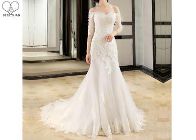 Half Sleeve Ivory Lace Mermaid Wedding Dress Beading Off Shoulder Back Bandage