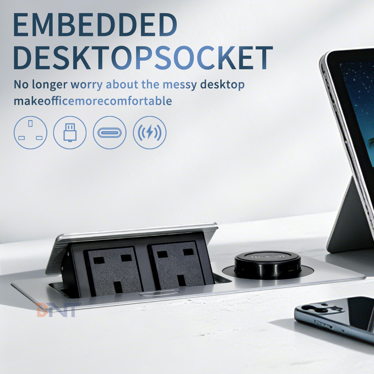 Uk power pop up socket Hot Sale Pop up Power Socket Desktop Power Distribution Unit with Dual UK Standard 15W Wireless Charging for Desktop Convenience