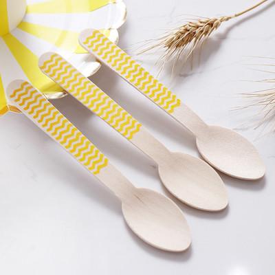 Yellow  Striped Wooden Cutlery Party Picnic Spoon Fork Knife Utensils Set