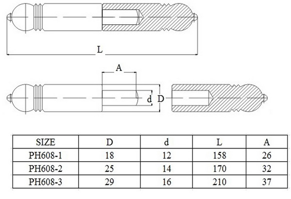 Welding hinge piston hinge PH608, 18X158mm, 25X170mm, 29X210mm