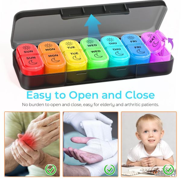 Portable Weekly Seven-Day Plastic Medicine Organizer Pill Box Two Meal Dosage Sealed Mini Compartmentalized Design JH Medibox