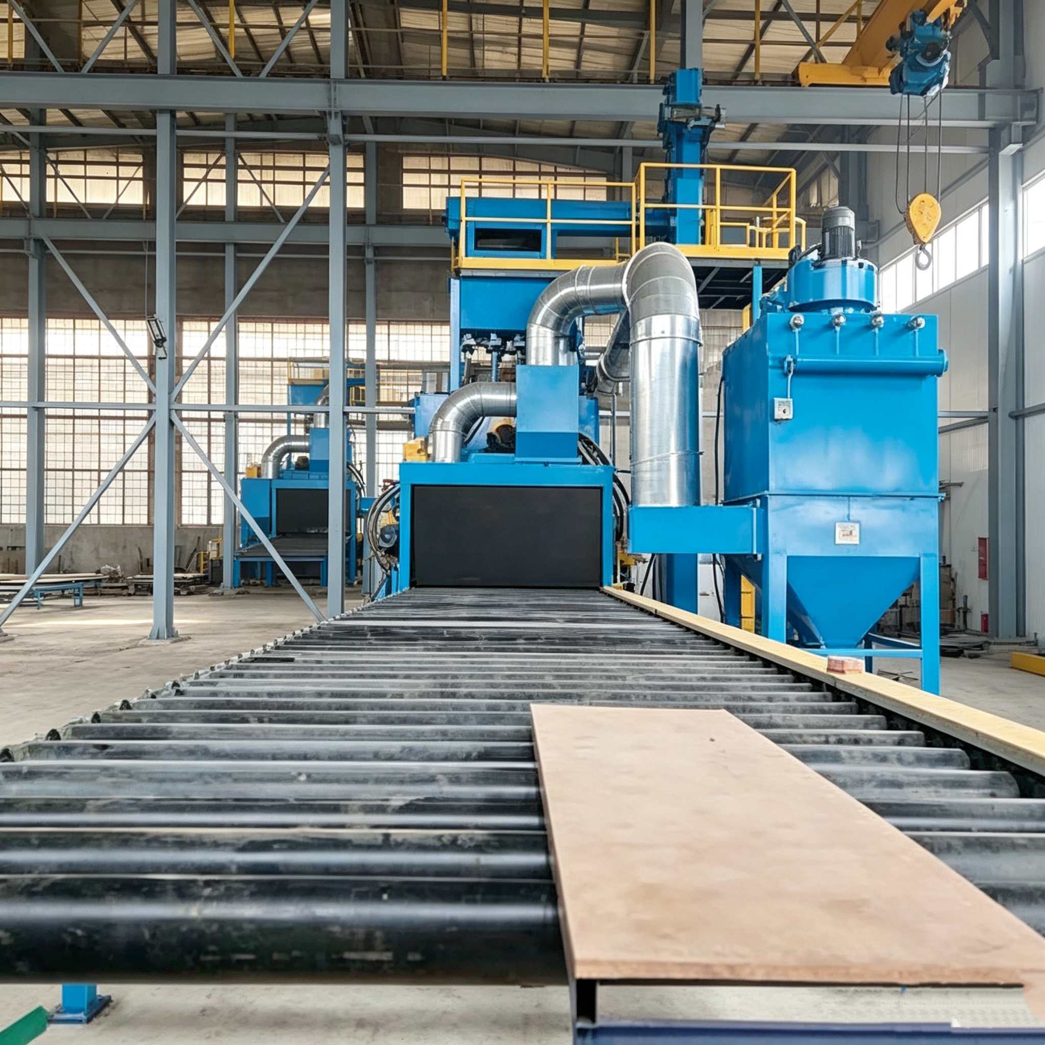 Roller conveyor shot blasting machine with adjustable speed PLC control and wear-resistant manganese steel liner for steel profiles