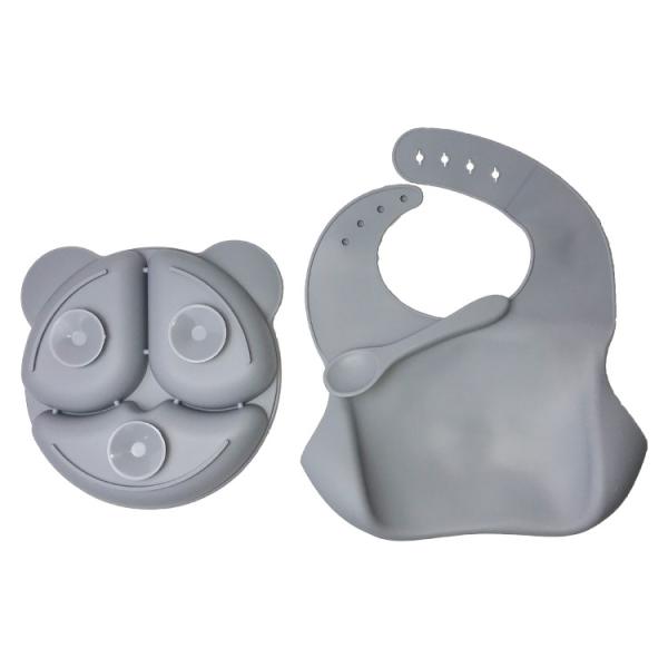 Food Plate Baby Dinnerware Silicone Feeding Set Customized Sizes Grey Bear Shape 3Pcs