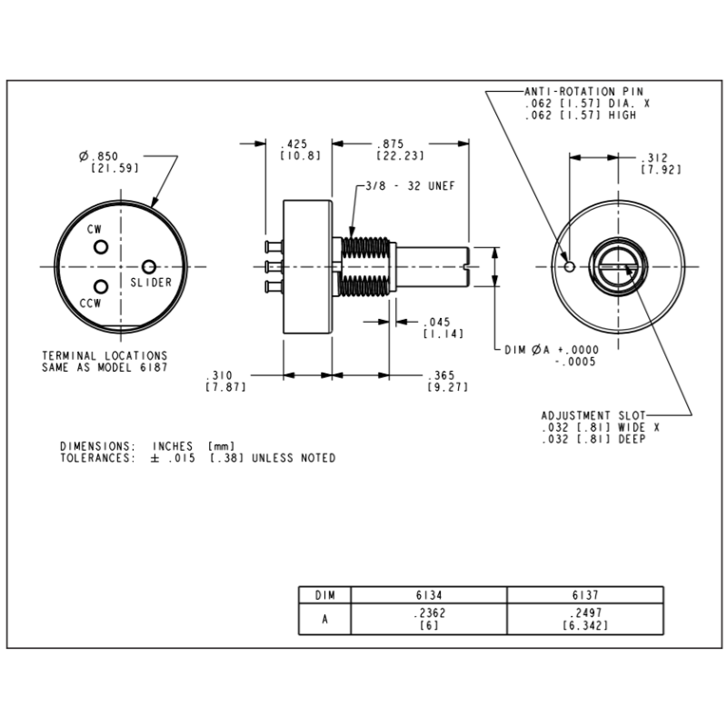 Conductive Plastic Technology Single Turn Potentiometer TT Electronics 6138R2KL1.0ST Bronze Bearing